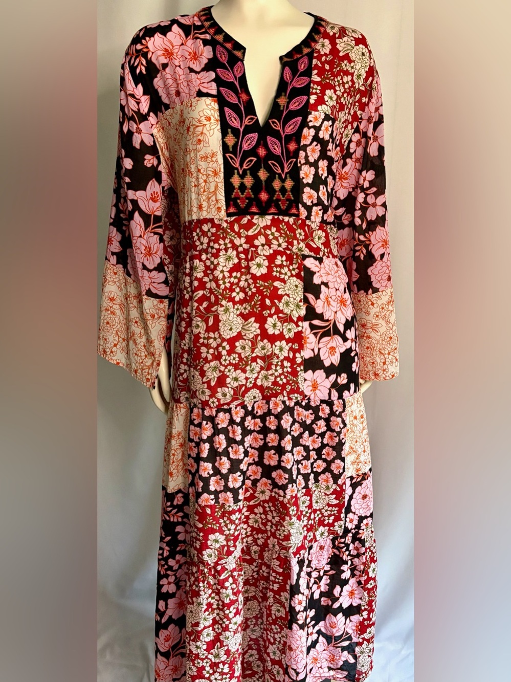 Johnny Was Red & Pink Floral Patchwork Maxi Dress